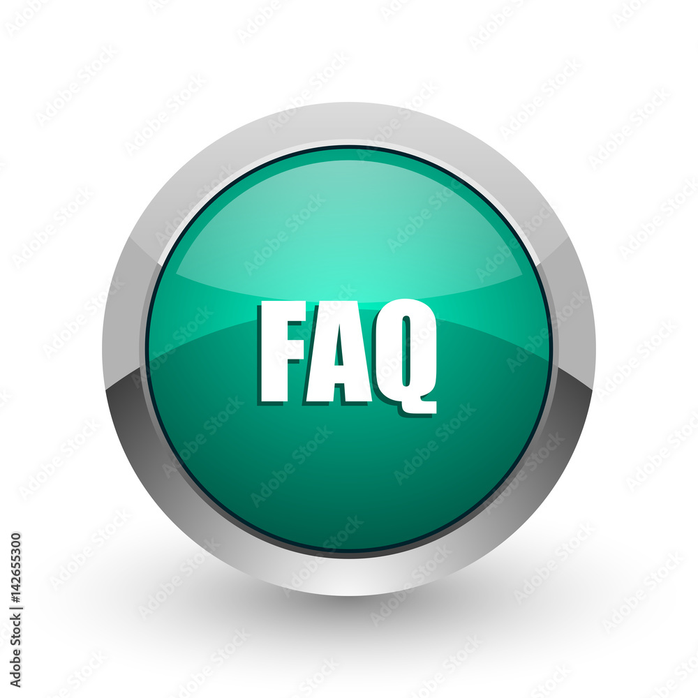 Faq silver metallic chrome web design green round internet icon with shadow on white background. Faq silver metallic chrome web design green round internet icon with shadow on white background.