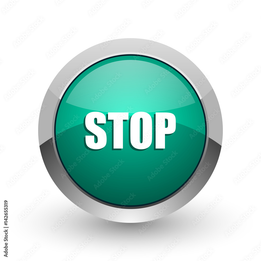 Stop silver metallic chrome web design green round internet icon with shadow on white background. Stop silver metallic chrome web design green round internet icon with shadow on white background.