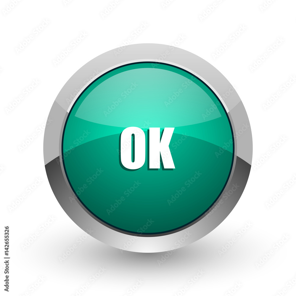 Ok silver metallic chrome web design green round internet icon with shadow on white background. Ok silver metallic chrome web design green round internet icon with shadow on white background.