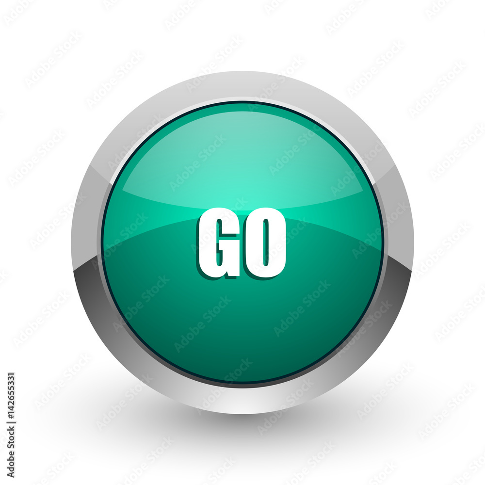 Go silver metallic chrome web design green round internet icon with shadow on white background. Go silver metallic chrome web design green round internet icon with shadow on white background.