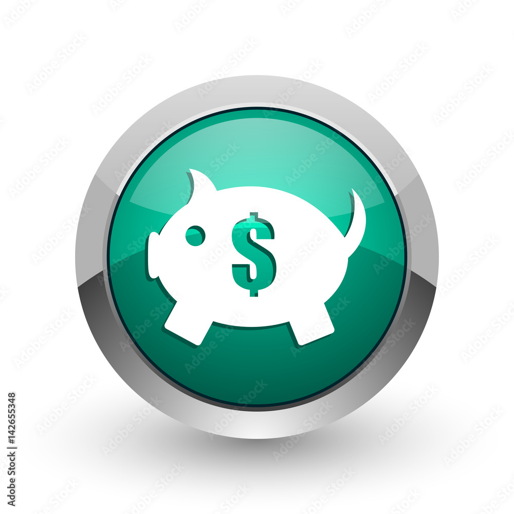 Piggy bank silver metallic chrome web design green round internet icon with shadow on white background. Piggy bank silver metallic chrome web design green round internet icon with shadow on white background.
