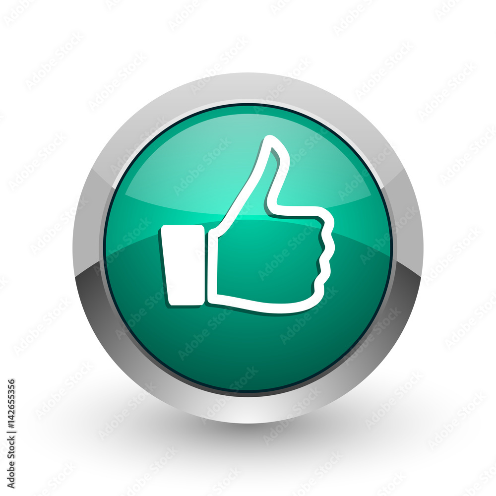 Like silver metallic chrome web design green round internet icon with shadow on white background. Like silver metallic chrome web design green round internet icon with shadow on white background.