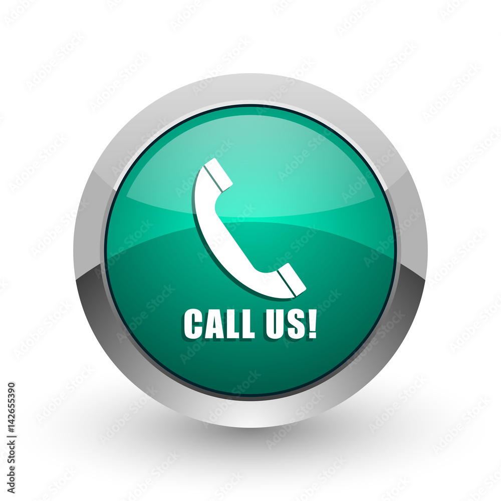 Call us silver metallic chrome web design green round internet icon with shadow on white background. Call us silver metallic chrome web design green round internet icon with shadow on white background.