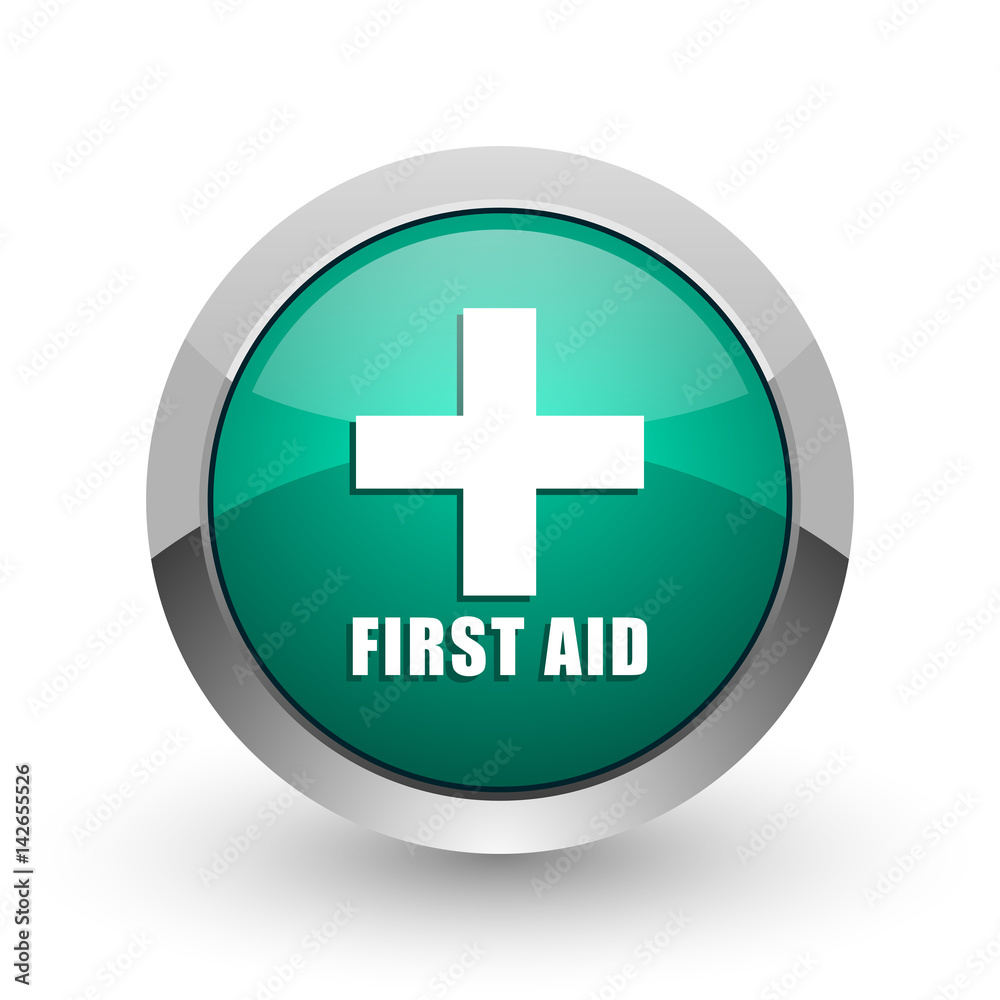 First aid silver metallic chrome web design green round internet icon with shadow on white background. First aid silver metallic chrome web design green round internet icon with shadow on white background.