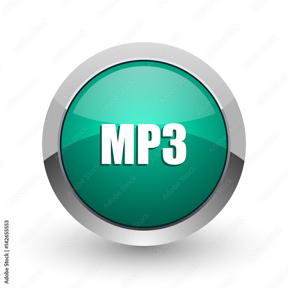 Mp3 silver metallic chrome web design green round internet icon with shadow on white background. Mp3 silver metallic chrome web design green round internet icon with shadow on white background.