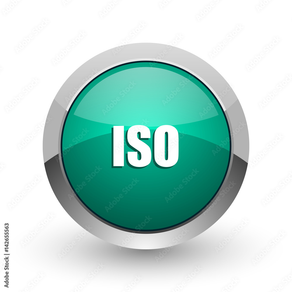 ISO silver metallic chrome web design green round internet icon with shadow on white background. ISO silver metallic chrome web design green round internet icon with shadow on white background.