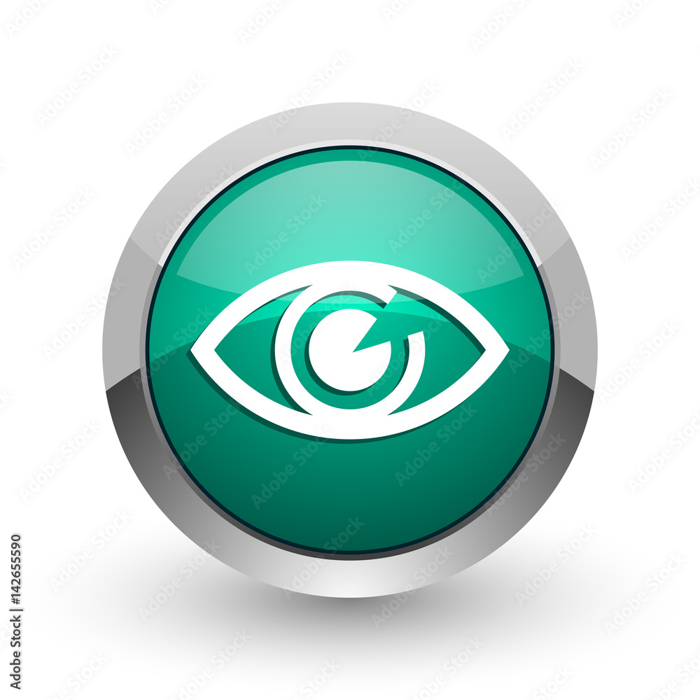 Eye silver metallic chrome web design green round internet icon with shadow on white background. Eye silver metallic chrome web design green round internet icon with shadow on white background.