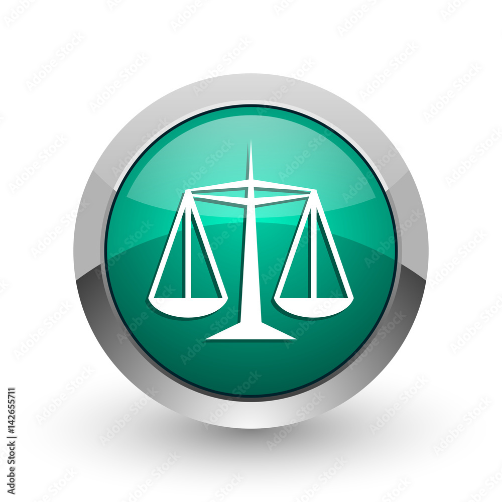 Justice silver metallic chrome web design green round internet icon with shadow on white background. Justice silver metallic chrome web design green round internet icon with shadow on white background.