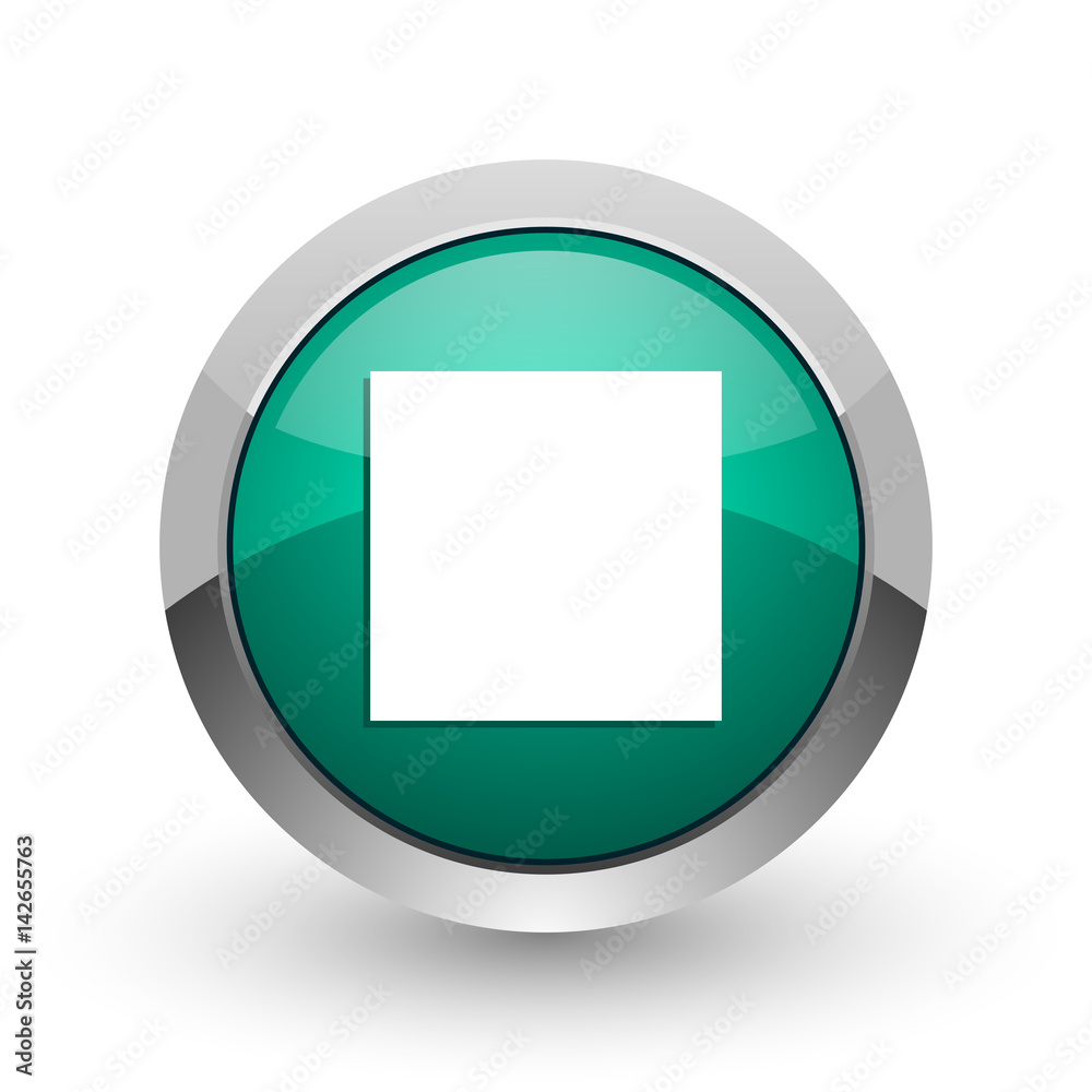 Stop silver metallic chrome web design green round internet icon with shadow on white background. Stop silver metallic chrome web design green round internet icon with shadow on white background.