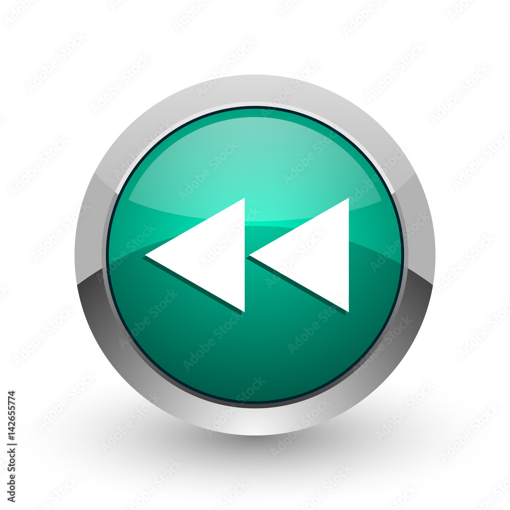Rewind silver metallic chrome web design green round internet icon with shadow on white background. Rewind silver metallic chrome web design green round internet icon with shadow on white background.