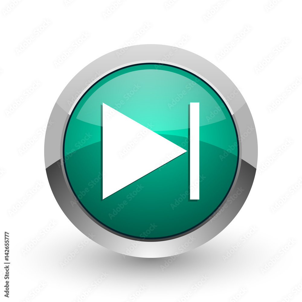 Next silver metallic chrome web design green round internet icon with shadow on white background. Next silver metallic chrome web design green round internet icon with shadow on white background.
