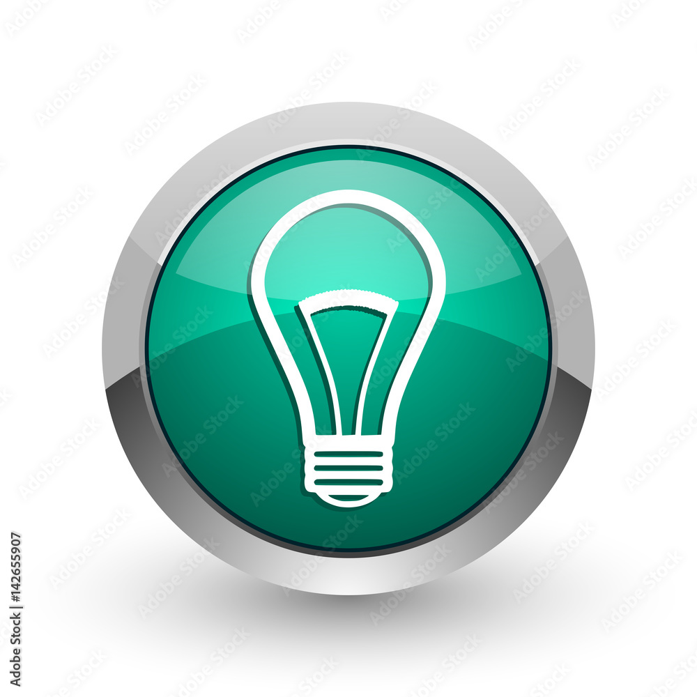Bulb silver metallic chrome web design green round internet icon with shadow on white background. Bulb silver metallic chrome web design green round internet icon with shadow on white background.