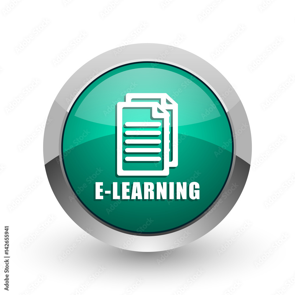 Learning silver metallic chrome web design green round internet icon with shadow on white background. Learning silver metallic chrome web design green round internet icon with shadow on white background.