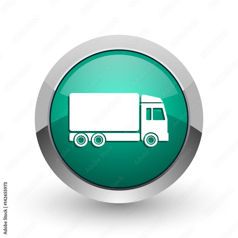 Delivery silver metallic chrome web design green round internet icon with shadow on white background. Delivery silver metallic chrome web design green round internet icon with shadow on white background.