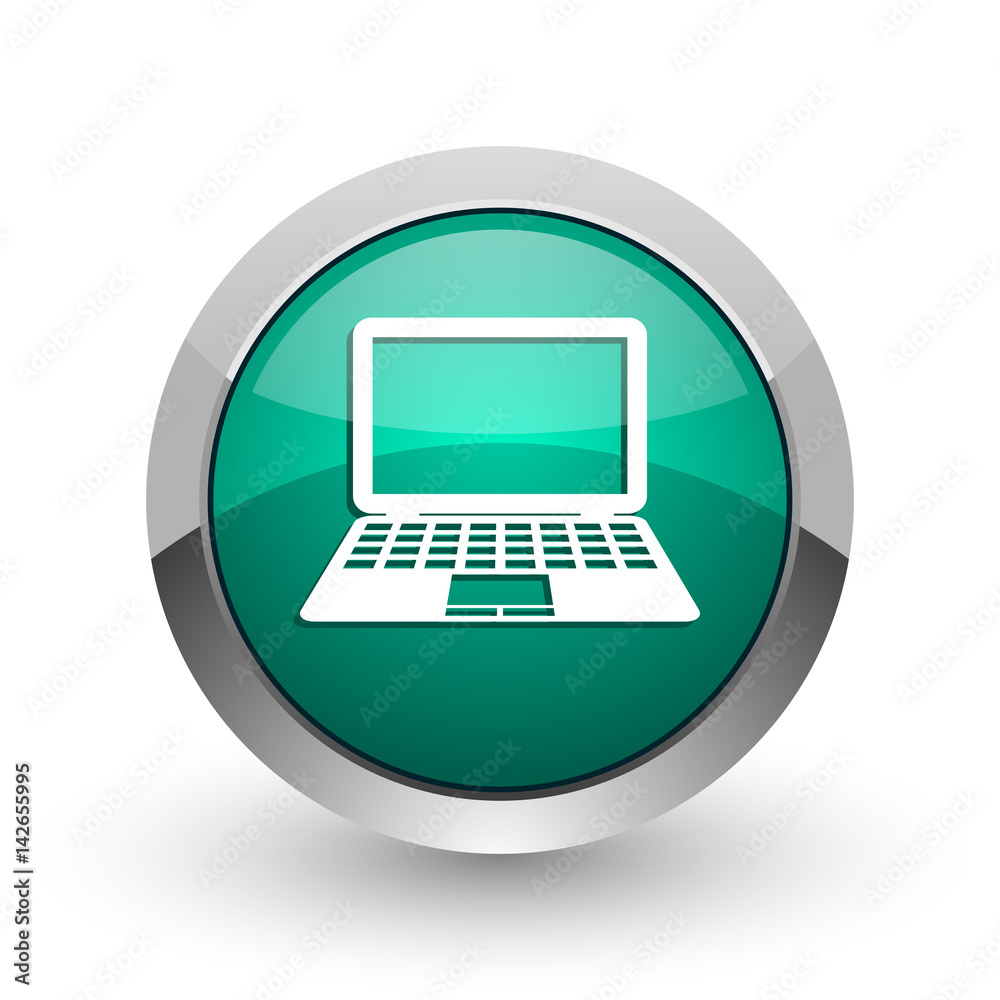 Computer silver metallic chrome web design green round internet icon with shadow on white background. Computer silver metallic chrome web design green round internet icon with shadow on white background.