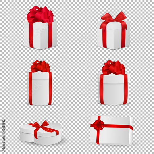 Vector white gift box with red bow set isolated on transparent background. Design template in EPS10.
