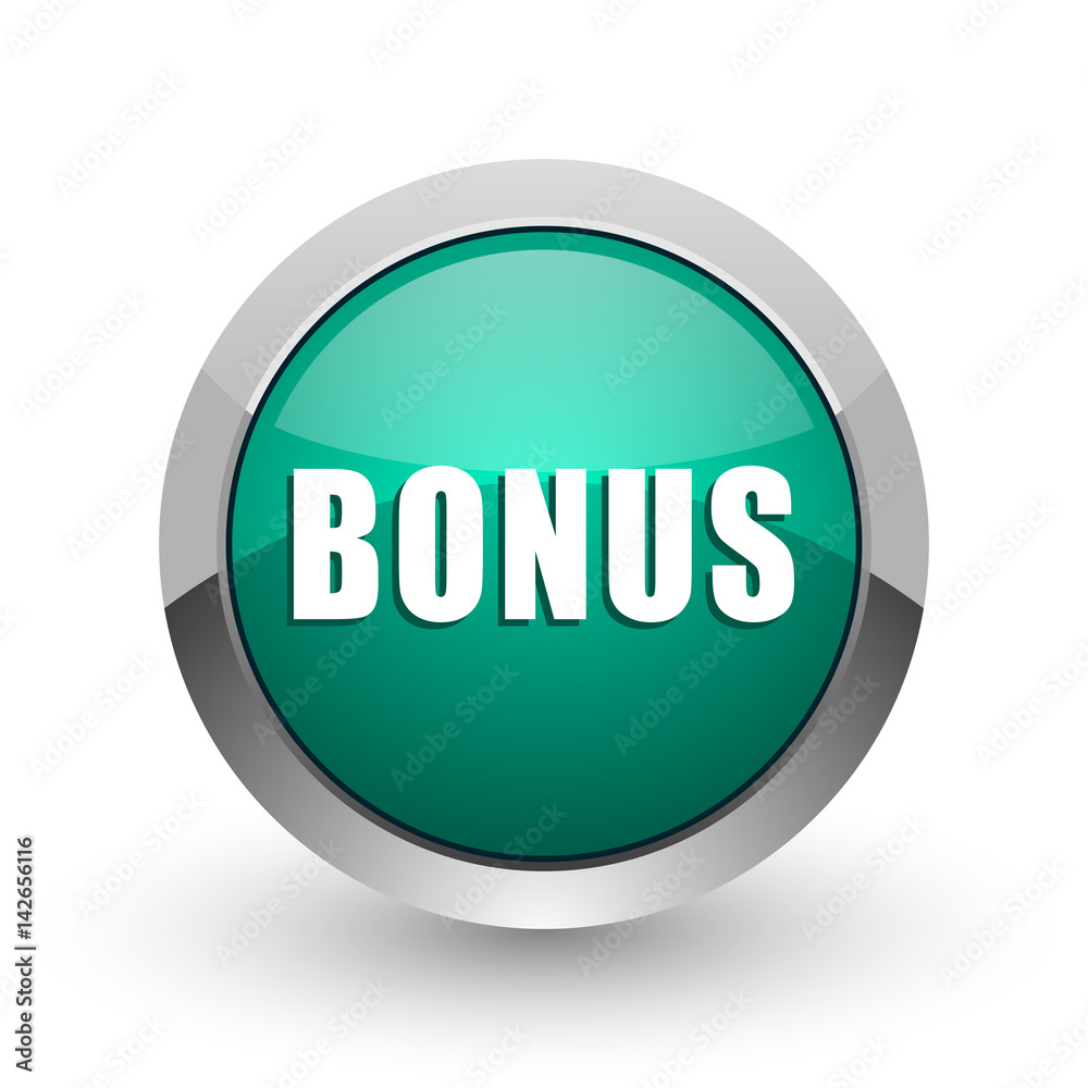 Bonus silver metallic chrome web design green round internet icon with shadow on white background. Bonus silver metallic chrome web design green round internet icon with shadow on white background.