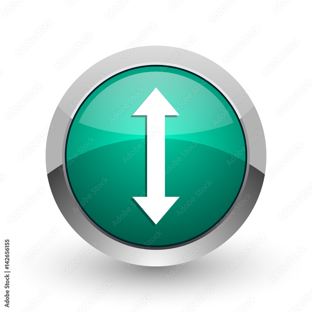 Arrow silver metallic chrome web design green round internet icon with shadow on white background. Arrow silver metallic chrome web design green round internet icon with shadow on white background.