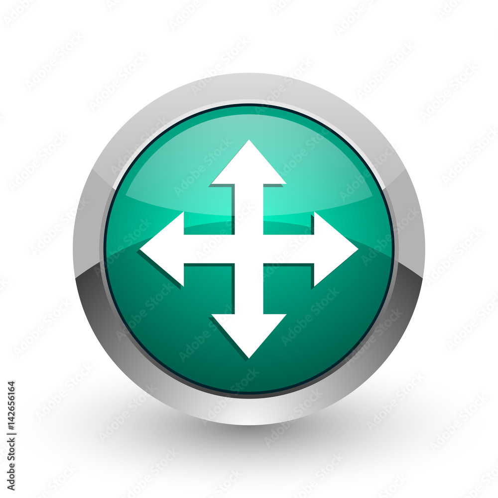 Arrow silver metallic chrome web design green round internet icon with shadow on white background. Arrow silver metallic chrome web design green round internet icon with shadow on white background.