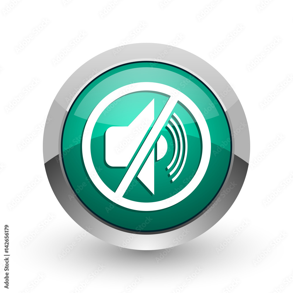 Mute silver metallic chrome web design green round internet icon with shadow on white background. Mute silver metallic chrome web design green round internet icon with shadow on white background.