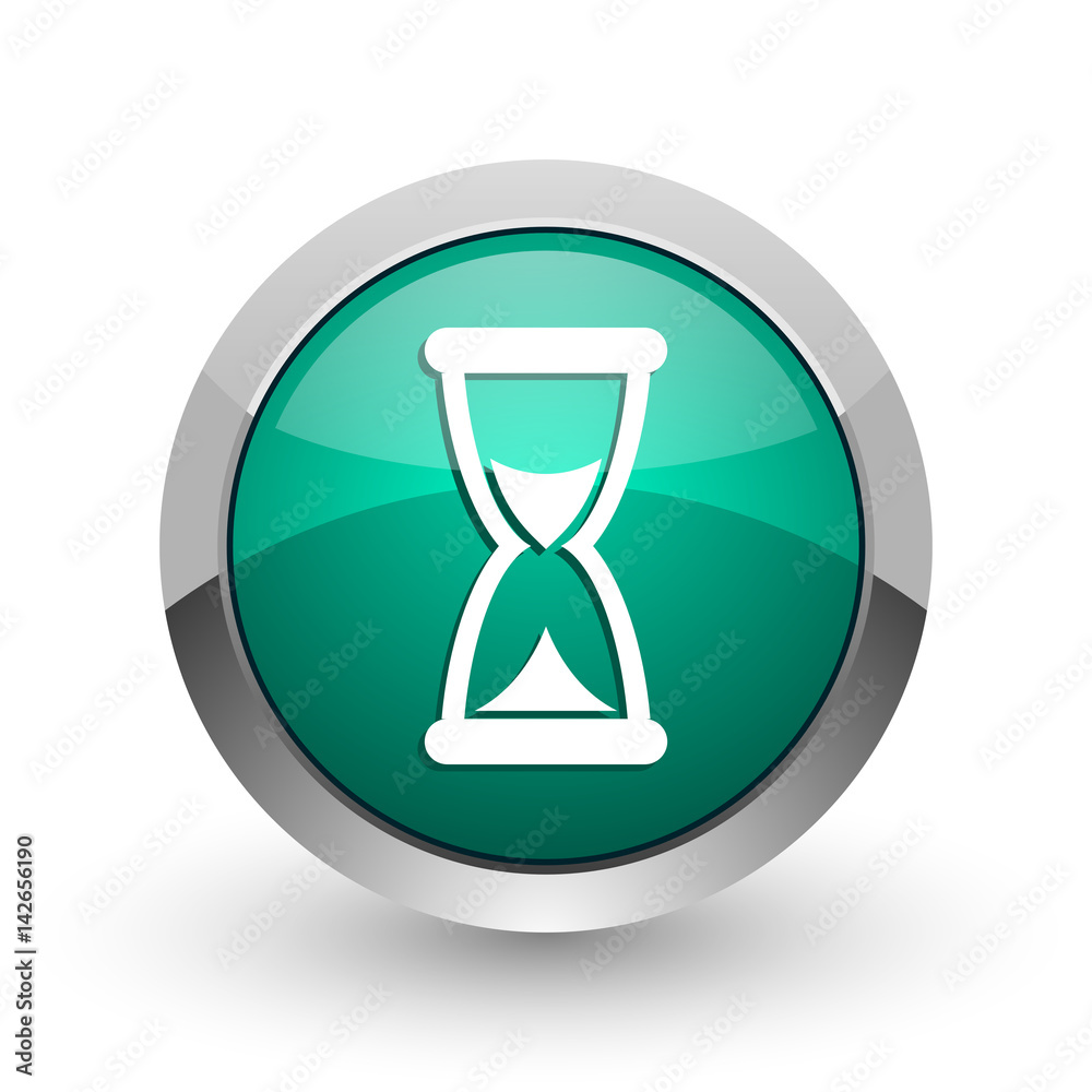 Time silver metallic chrome web design green round internet icon with shadow on white background. Time silver metallic chrome web design green round internet icon with shadow on white background.