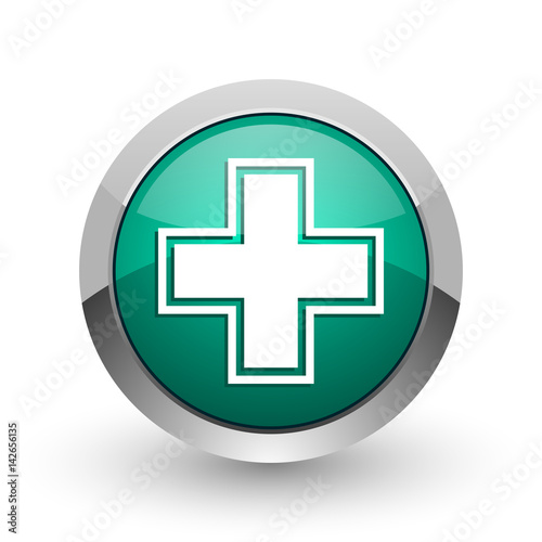 Pharmacy silver metallic chrome web design green round internet icon with shadow on white background.
