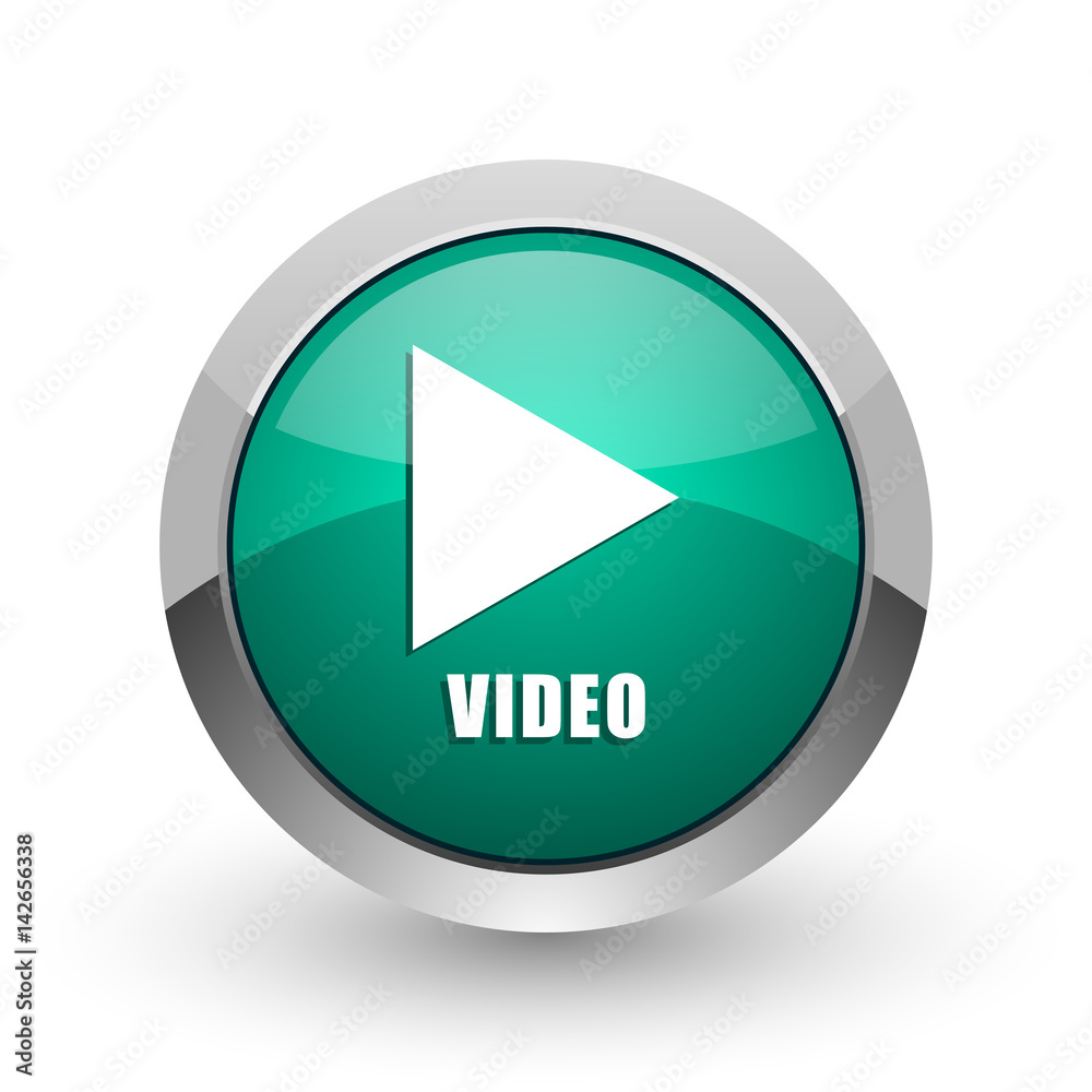 Video silver metallic chrome web design green round internet icon with shadow on white background. Video silver metallic chrome web design green round internet icon with shadow on white background.