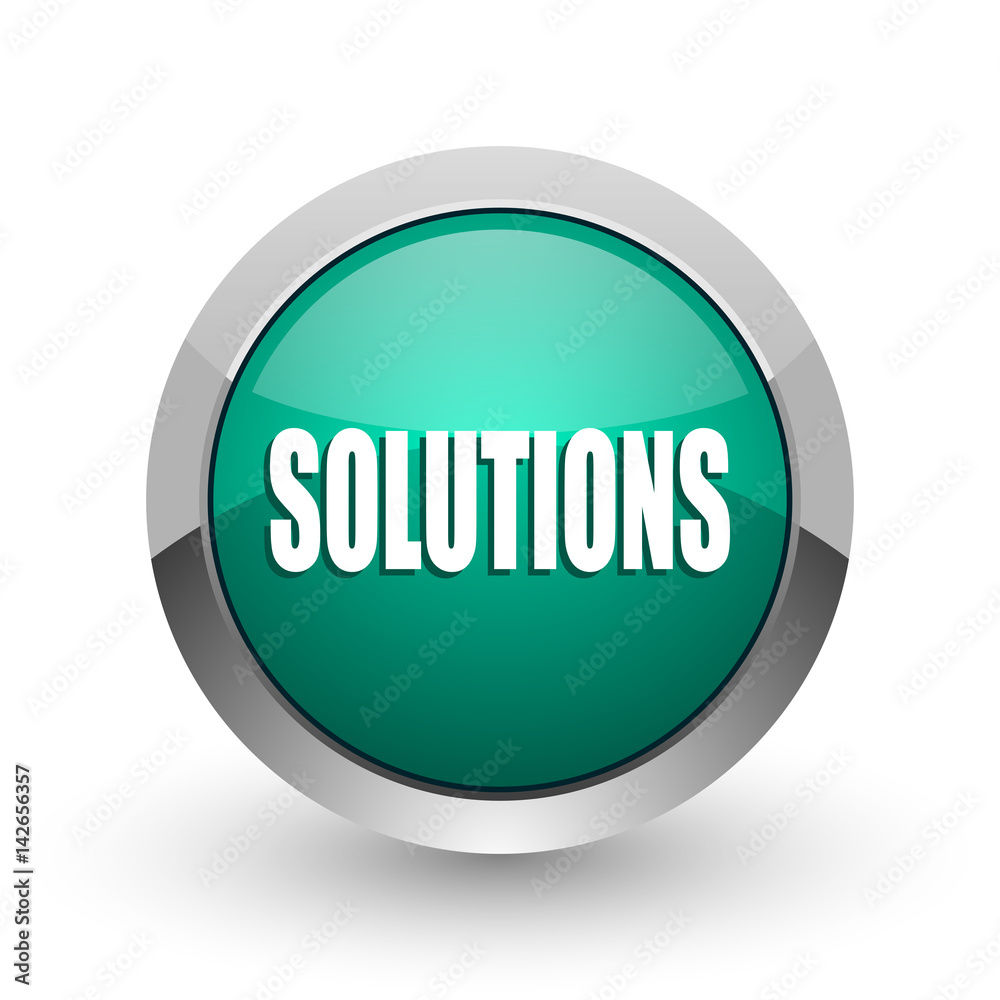 Solutions silver metallic chrome web design green round internet icon with shadow on white background. Solutions silver metallic chrome web design green round internet icon with shadow on white background.