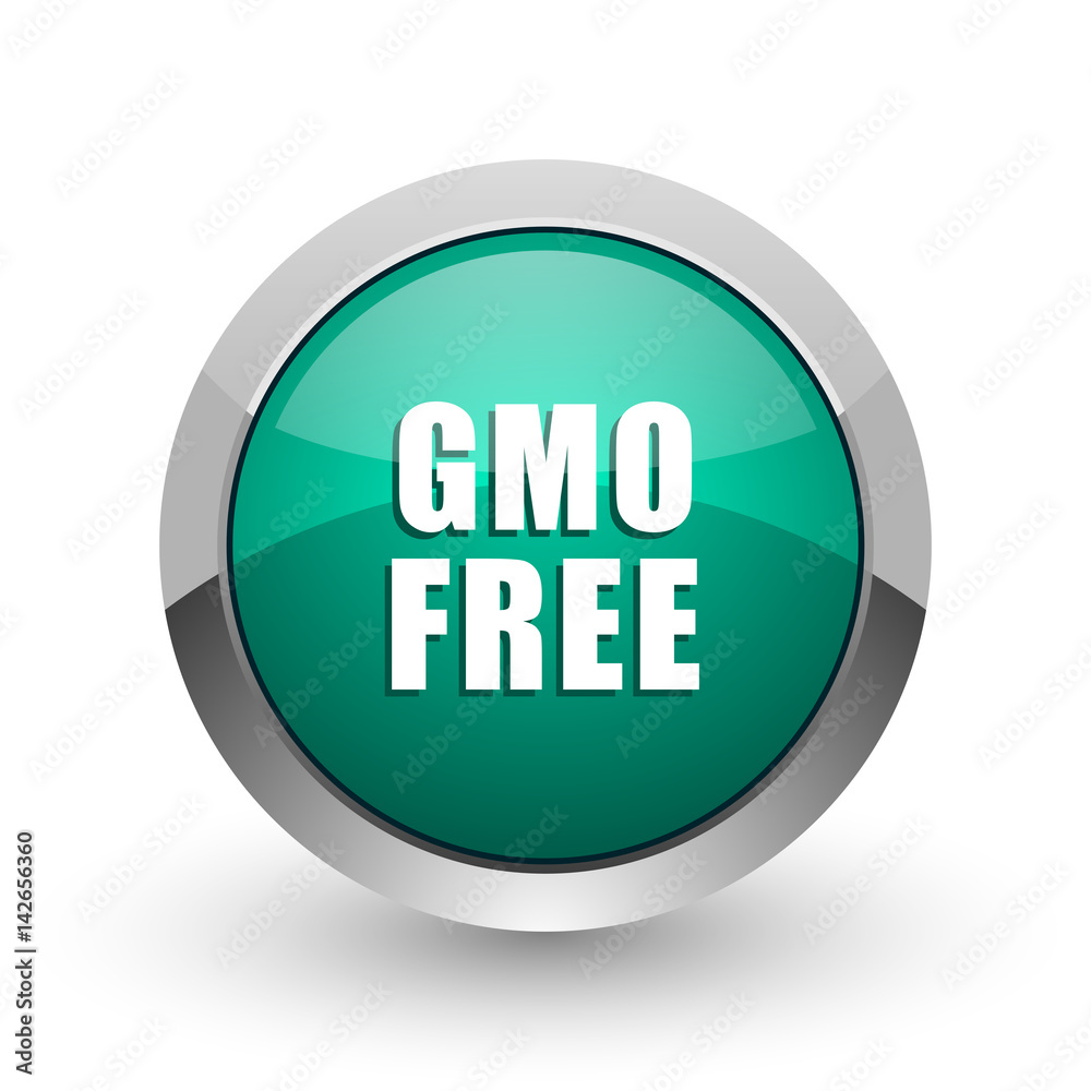 Gmo free silver metallic chrome web design green round internet icon with shadow on white background. Gmo free silver metallic chrome web design green round internet icon with shadow on white background.