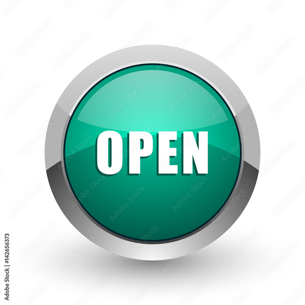 Open silver metallic chrome web design green round internet icon with shadow on white background.