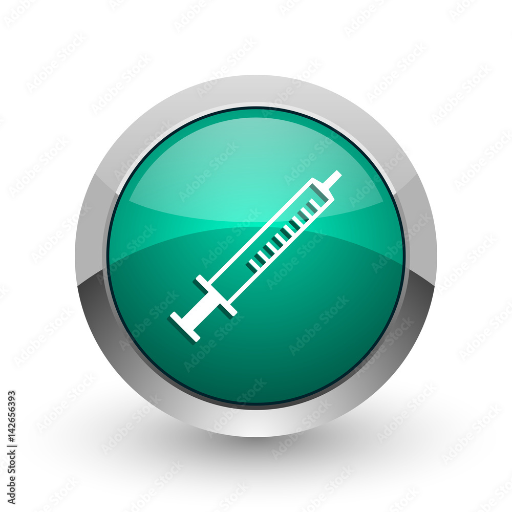 Medicine silver metallic chrome web design green round internet icon with shadow on white background. Medicine silver metallic chrome web design green round internet icon with shadow on white background.
