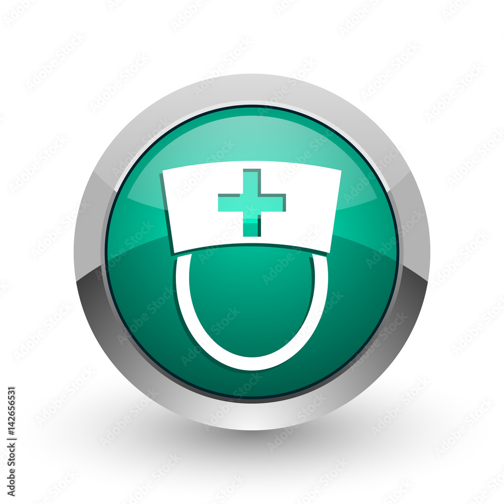 Nurse silver metallic chrome web design green round internet icon with shadow on white background. Nurse silver metallic chrome web design green round internet icon with shadow on white background.