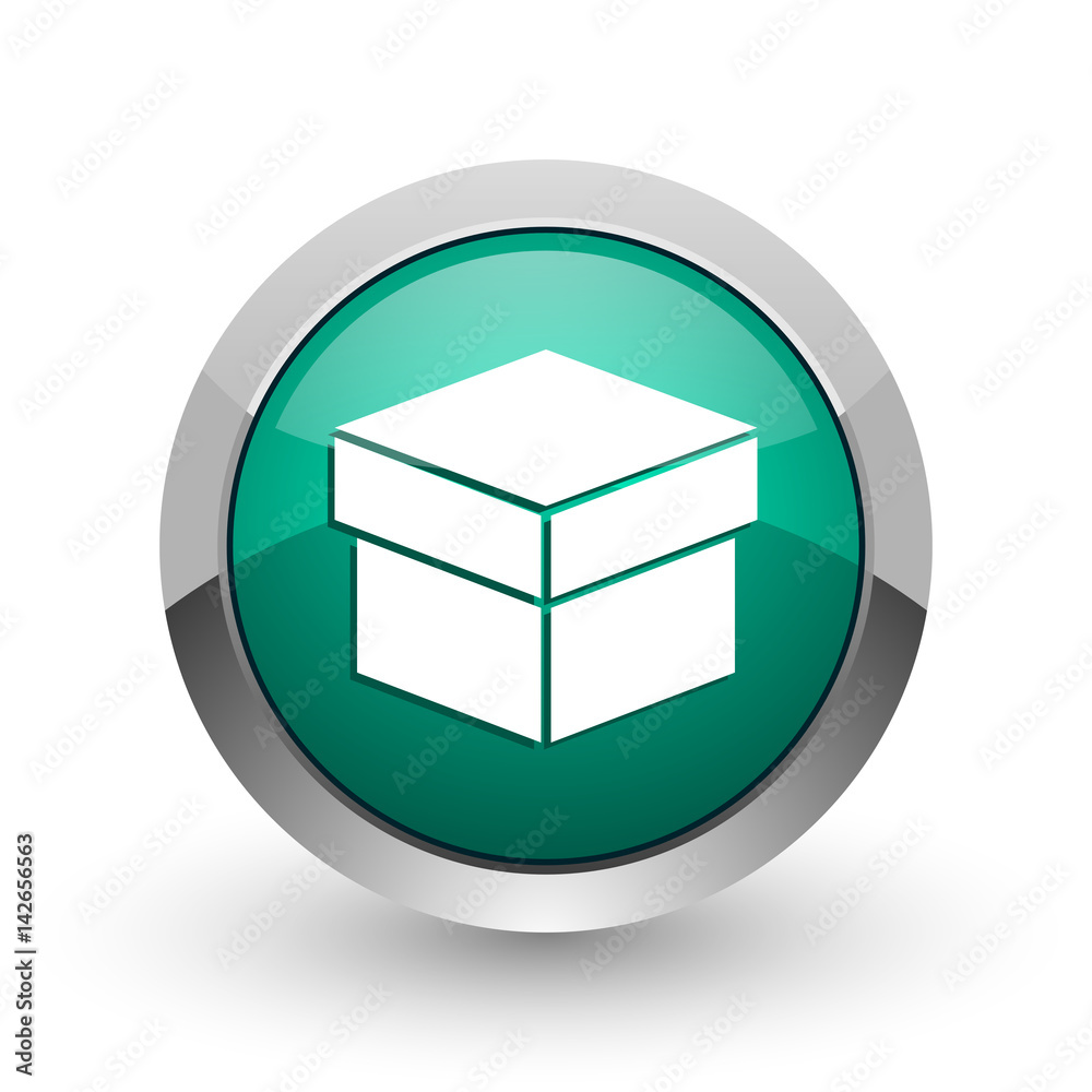 Box silver metallic chrome web design green round internet icon with shadow on white background. Box silver metallic chrome web design green round internet icon with shadow on white background.