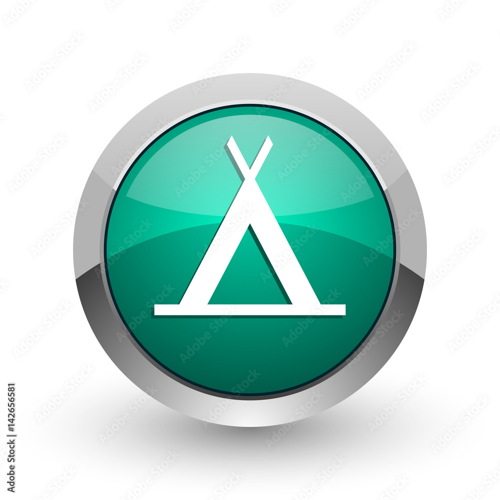 Camp silver metallic chrome web design green round internet icon with shadow on white background. Camp silver metallic chrome web design green round internet icon with shadow on white background.