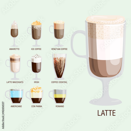 Set of different transparent cups of coffee types mug with foam beverage and breakfast morning sign tasty aromatic glass assortment vector illustration.
