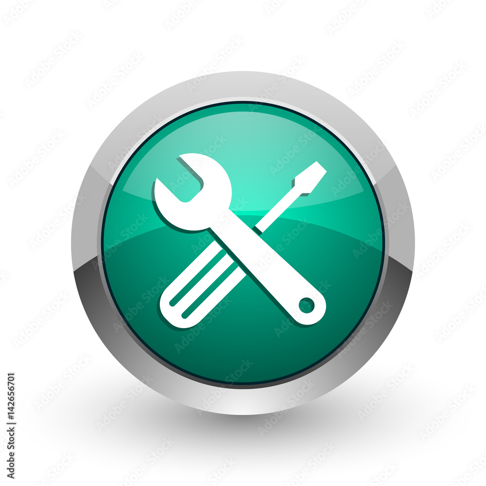 Tools silver metallic chrome web design green round internet icon with shadow on white background. Tools silver metallic chrome web design green round internet icon with shadow on white background.