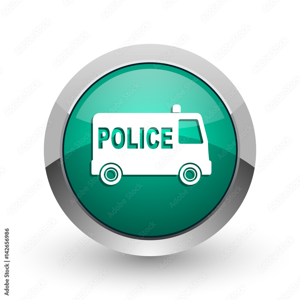 Police silver metallic chrome web design green round internet icon with shadow on white background. Police silver metallic chrome web design green round internet icon with shadow on white background.