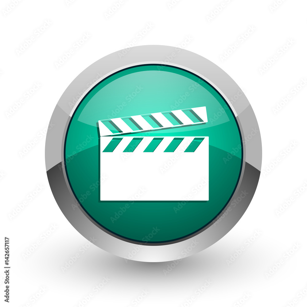 Video silver metallic chrome web design green round internet icon with shadow on white background. Video silver metallic chrome web design green round internet icon with shadow on white background.