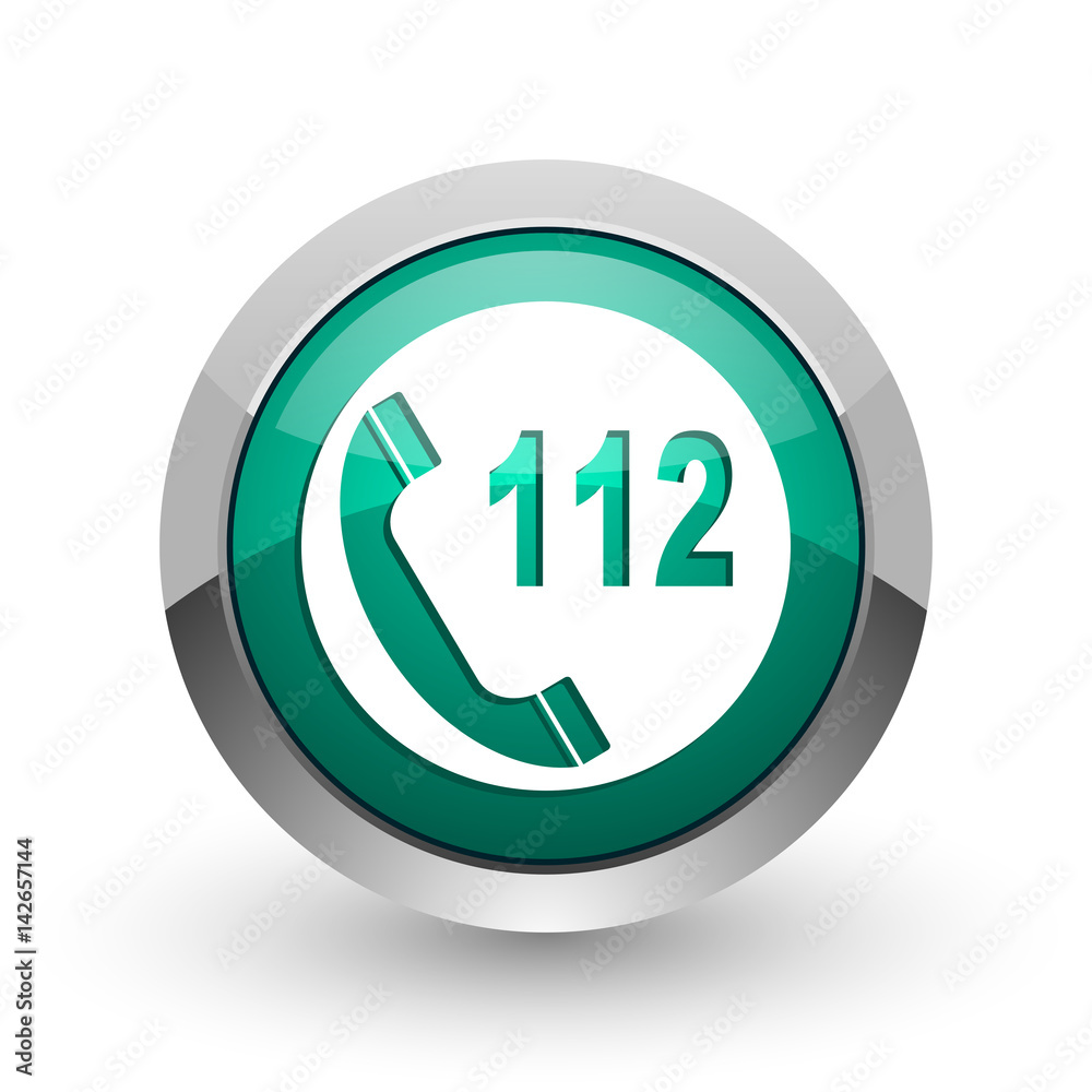 Emergency call silver metallic chrome web design green round internet icon with shadow on white background. Emergency call silver metallic chrome web design green round internet icon with shadow on white background.
