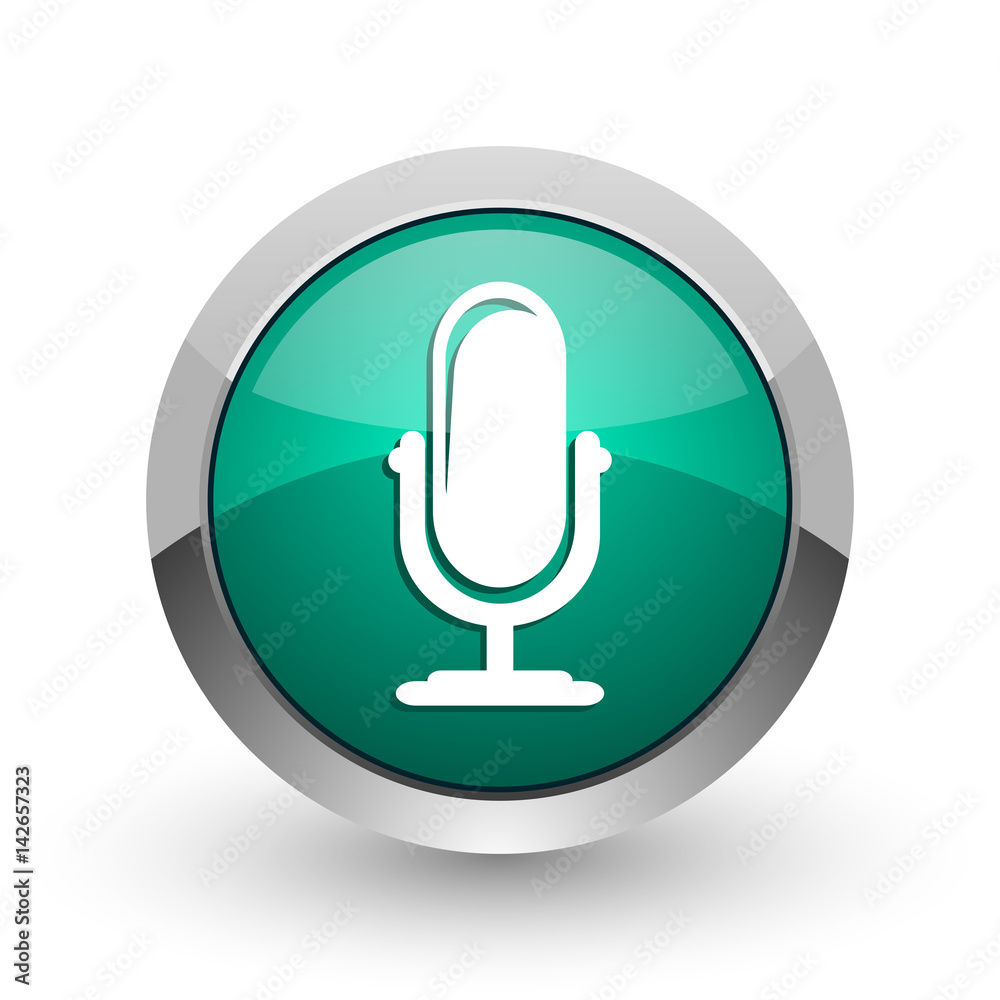 Microphone silver metallic chrome web design green round internet icon with shadow on white background. Microphone silver metallic chrome web design green round internet icon with shadow on white background.