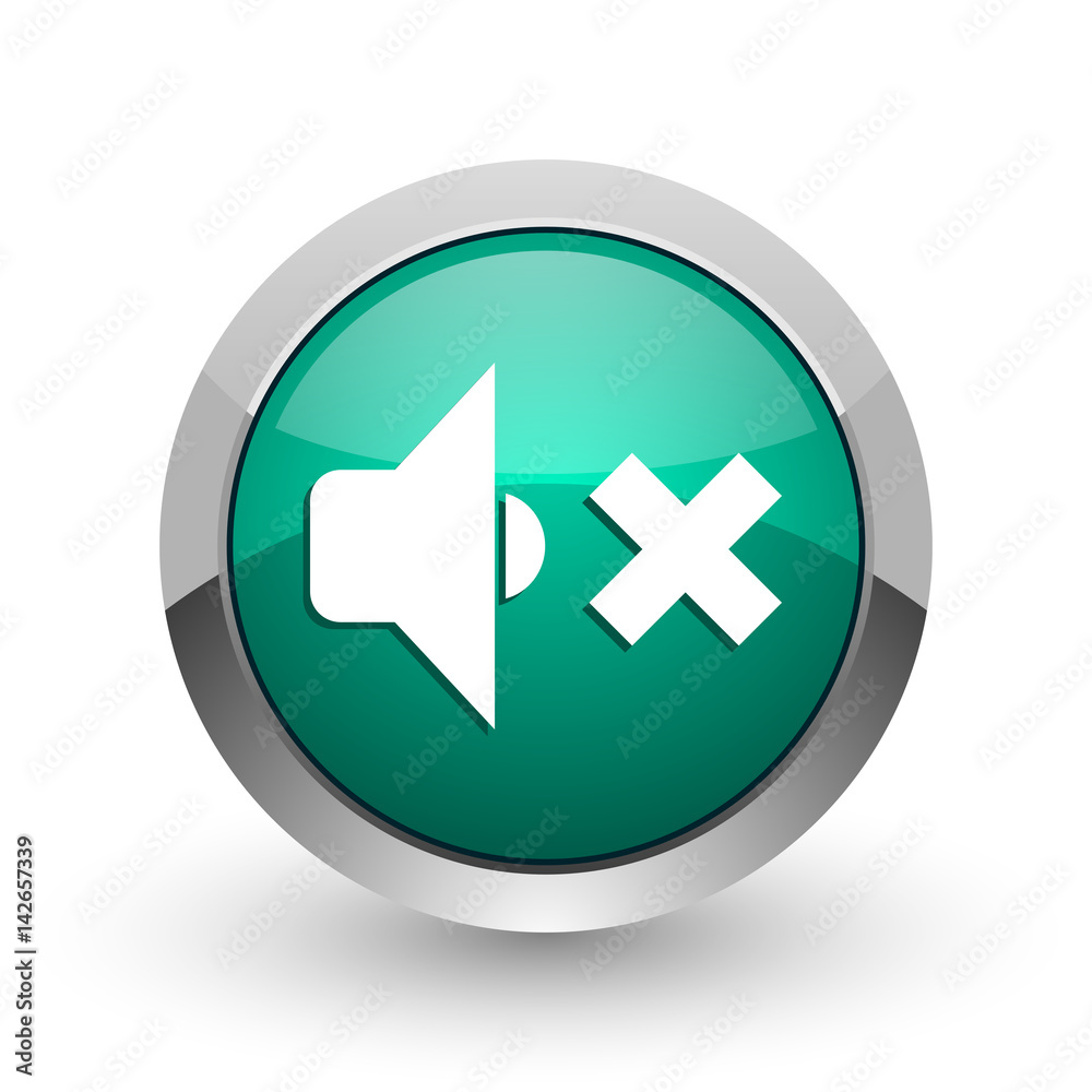 Speaker volume silver metallic chrome web design green round internet icon with shadow on white background. Speaker volume silver metallic chrome web design green round internet icon with shadow on white background.