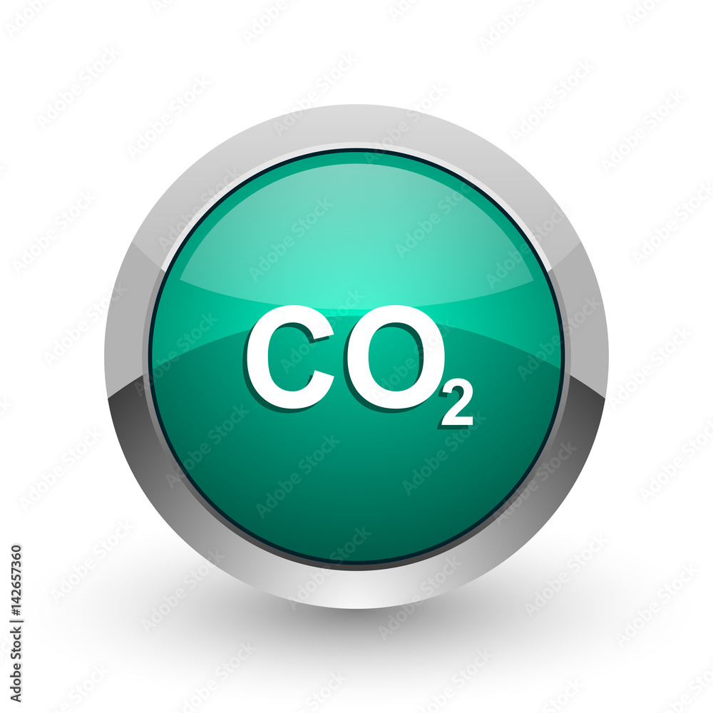Carbon dioxide silver metallic chrome web design green round internet icon with shadow on white background. Carbon dioxide silver metallic chrome web design green round internet icon with shadow on white background.
