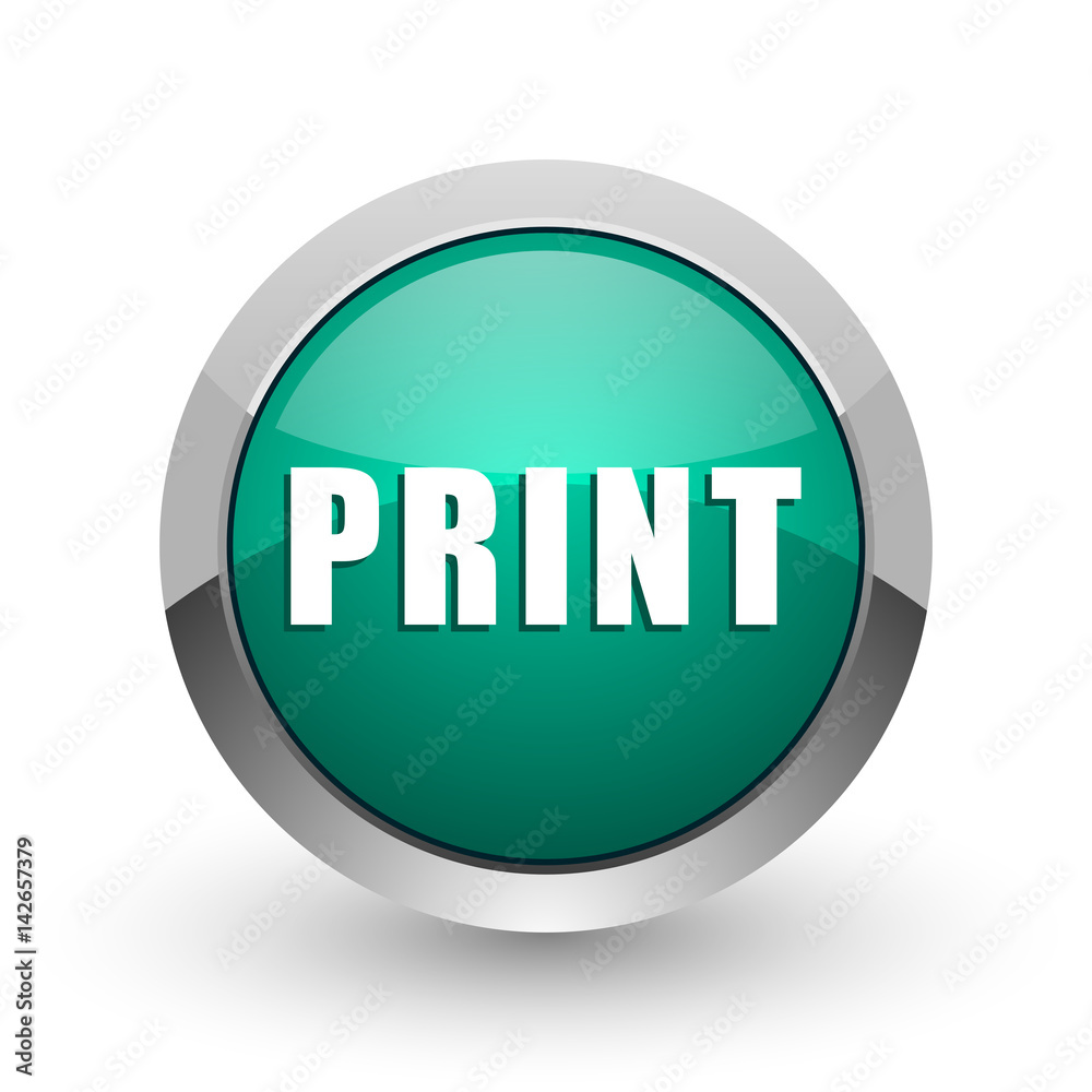 Print silver metallic chrome web design green round internet icon with shadow on white background. Print silver metallic chrome web design green round internet icon with shadow on white background.