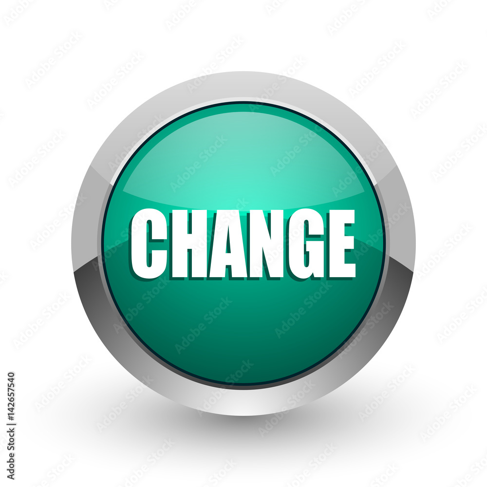 Change silver metallic chrome web design green round internet icon with shadow on white background. Change silver metallic chrome web design green round internet icon with shadow on white background.