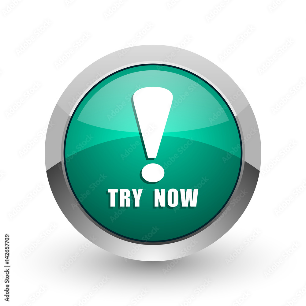 Try now silver metallic chrome web design green round internet icon with shadow on white background. Try now silver metallic chrome web design green round internet icon with shadow on white background.