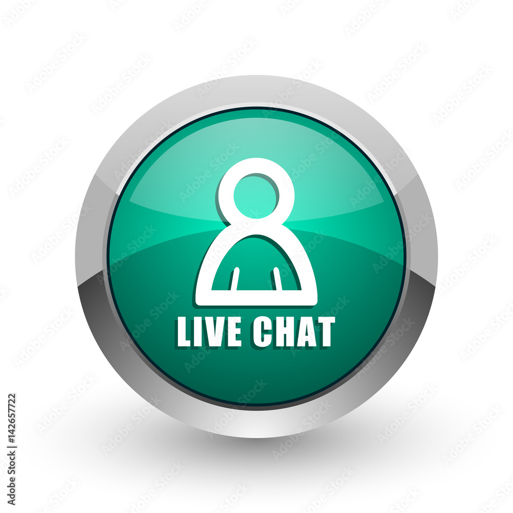 Live chat silver metallic chrome web design green round internet icon with shadow on white background. Live chat silver metallic chrome web design green round internet icon with shadow on white background.