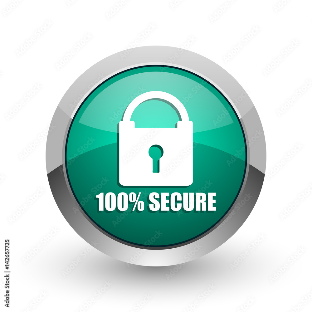 Secure silver metallic chrome web design green round internet icon with shadow on white background. Secure silver metallic chrome web design green round internet icon with shadow on white background.