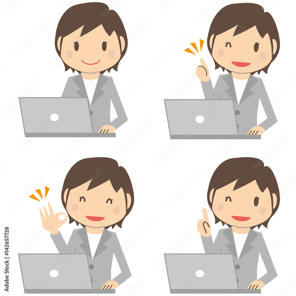 かわいいショートヘアのビジネスウーマン　グレーのスーツの女性　パソコンポーズ4セット