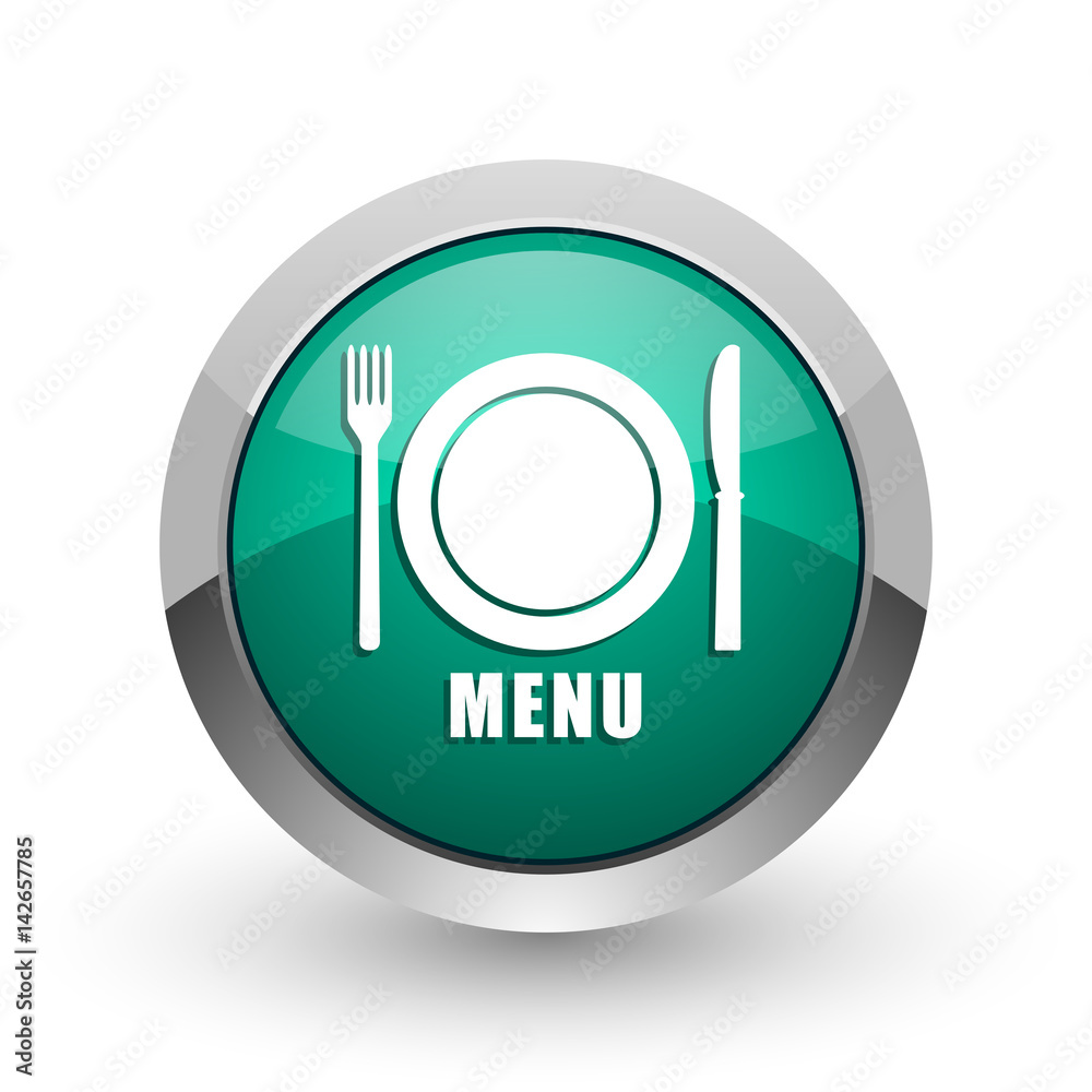 Menu silver metallic chrome web design green round internet icon with shadow on white background. Menu silver metallic chrome web design green round internet icon with shadow on white background.