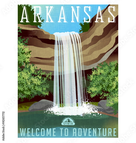 Fototapeta Naklejka Na Ścianę i Meble -  Arkansas travel poster or sticker. Vector illustration of beautiful waterfall over rocky ledge